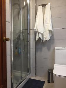 eine Dusche im Bad mit einer Duschkabine aus Glas in der Unterkunft El Cortijuelo. Magnificent triplex terraced house with rooftop of 18m2, overlooking the sea. Parking in Torremolinos + 52 Fotos