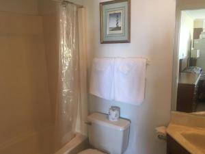 y baño con aseo, ducha y toalla. en Ocean Cove Motel en Virginia Beach