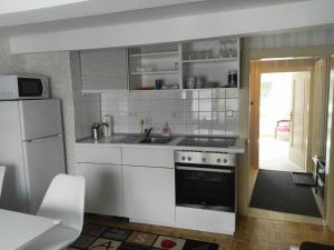 a kitchen with a sink and a stove and a refrigerator at NiJole Apartment in Winterberg