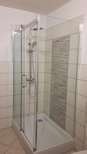 a shower with a glass door in a bathroom at Apartmani Jureta in Okrug Gornji +91 photos