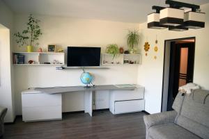 a desk with a computer on it in a room at Butterfly Apartment in Visaginas