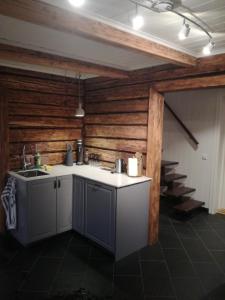 uma cozinha com um lavatório e uma bancada em Presterudveien 125 em Vikersund