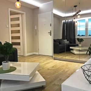 - un salon avec un miroir et un canapé dans l'établissement Pure Apartment, à Toruń