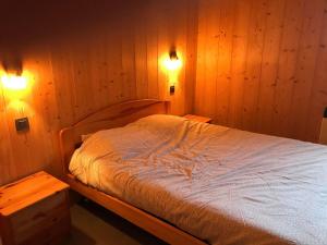 a bed in a room with wooden walls and two lights at Résidence Chalet La Barallette - Esc'Appart in Le Grand-Bornand