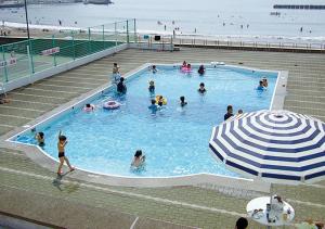 松崎町西伊豆松崎伊藤园酒店的一群人在海滩上的游泳池里