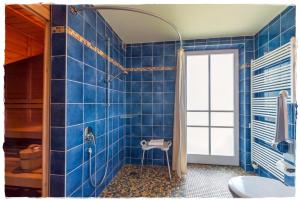 La salle de bains est pourvue de carrelage bleu, d'une douche et de toilettes. dans l'établissement Reetdachhaus Kranich mit Schwimmteich in Krienke, à Krienke