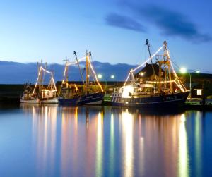 three boats are docked in the water at night at Kleine Auszeit Pellworm in Pellworm