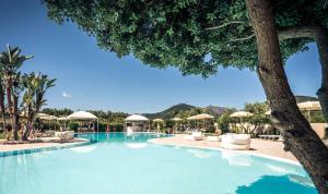 a swimming pool with chairs and umbrellas at Hotel San Teodoro in San Teodoro