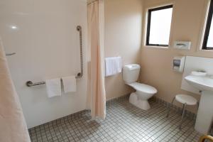 a bathroom with a toilet and a sink and a shower at Aspen Manor Motel in Hamilton