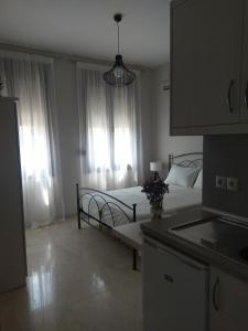1 dormitorio con 1 cama y cocina con ventanas en Prokymaia Apartment 2, en Áyios Andónios