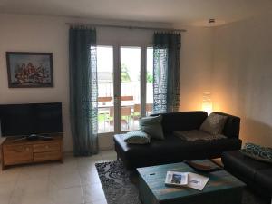 a living room with a couch and a tv at Casa al Castagno in Gambarogno