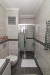 a bathroom with a shower with a toilet and a sink at Zin D Home Otel Alemdağ in Istanbul