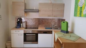een keuken met witte kasten en een groene machine op een aanrecht bij Haus Anika Ferienwohnung in Mallnitz +19 foto's