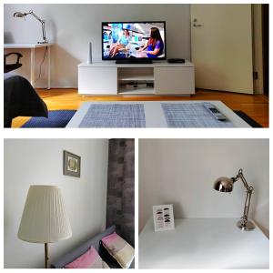 2 Bilder von einem Wohnzimmer mit einem TV und einer Lampe in der Unterkunft Spacious apartment DIANA in Helsinki city center in Helsinki