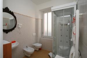 ein Bad mit einer Dusche, einem WC und einem Waschbecken in der Unterkunft Hotel Roma in Scanno