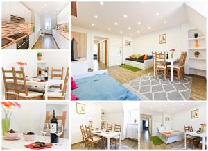 een collage van foto's van een keuken en een woonkamer bij Apartament Centrum in Toruń