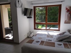 Schlafzimmer mit einem Bett, einem Fenster und einem TV in der Unterkunft l'ecureuil in Munster
