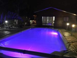 Saint-Gilles-les Hauts的住宿－Géranium et Manguier Guest House，游泳池在晚上点亮,紫色灯