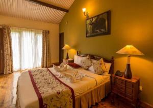 a hotel room with a bed and a lamp at Sherlock in Ooty