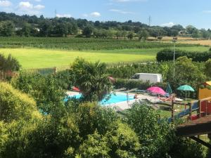 a swimming pool with umbrellas and a field at Agriturismo Mulino Bianco in Lonato