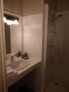 a bathroom with a sink and a shower at Hotel Alienor in Brantôme