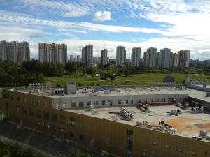 una vista de un edificio con una ciudad en el fondo en Apartment u Yuzhnogo Polyusa, en San Petersburgo