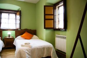 a green room with a bed and two windows at Casa Justa in San Martín de Luiña
