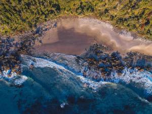 an aerial view of a beach and the ocean at The Point Coolum in Coolum Beach