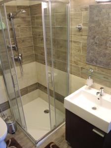 La salle de bains est pourvue d'une douche et d'un lavabo. dans l'établissement Apartmany Rudolf, à Spišská Nová Ves