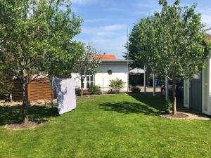 a yard with two trees in front of a house at Ostseeferien in Barth; FeWo "Korls Hüsung" in Barth