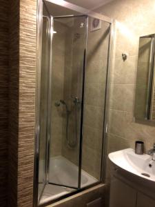 a shower with a glass door next to a sink at Затишна квартира в центрі in Vinnytsya