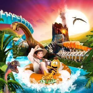 a boy in a raft in the water with a dinosaur at les rainettes in Grand-Halleux