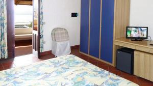 a bedroom with a bed and a tv and a chair at Hotel Bellavista in Santa Marina Salina