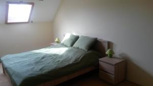 Un dormitorio con una cama con sábanas verdes y una ventana en Hold-on apartman, en Gyula