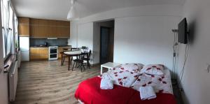 a bedroom with a red bed and a kitchen at Agroturystyka Omelia in Człuchów