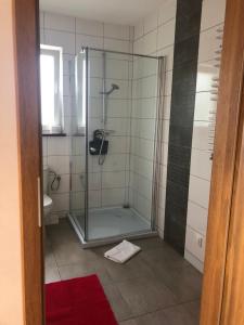 W łazience znajduje się prysznic ze szklanymi drzwiami. w obiekcie Agroturystyka Omelia w mieście Człuchów