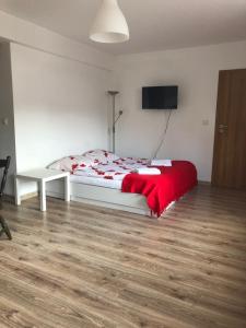 チュウフフにあるAgroturystyka Omeliaのベッドルーム1室(赤い毛布付きのベッド1台付)
