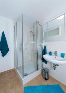 ein Bad mit einer Dusche und einem Waschbecken in der Unterkunft Schönblick - gemütlich übernachten! in Ober-Hambach