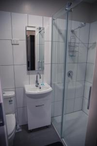 a bathroom with a shower and a sink and a toilet at Grand Hotel Mount Morgan in Mount Morgan