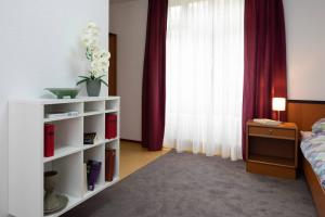 1 dormitorio con cama y estante de libros con ventana en Waldblick Appartement en Ober-Hambach