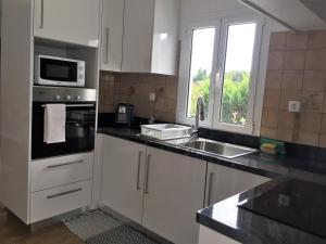 a kitchen with a sink and a microwave at Casinha da Vila in Arcos de Valdevez