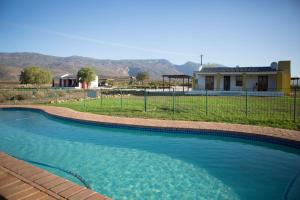 a swimming pool in front of a house at Windfall Wine Farm in Robertson