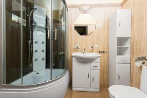 a bathroom with a shower and a sink and a toilet at Apartamenty Apartinfo Centrum Władysławowo in Władysławowo