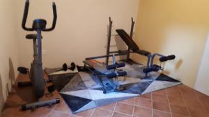 un gimnasio con equipamiento de ejercicio en un suelo de baldosa en Casa Rosy, en Tremosine Sul Garda
