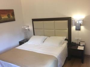 
a hotel room with a bed and a lamp at Kalavrita Canyon Hotel & Spa in Kalavrita
