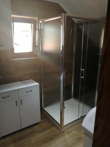 a small bathroom with a shower and a toilet at Apartman Đoković in Višegrad