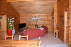 a living room with a red couch and a tv at "Belle maison en bois" in Messanges