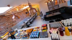 an overhead view of a table with food and drinks at Euro Hotel in London