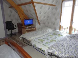 1 dormitorio con 2 camas individuales y TV en 3 Chambres-Disneyland Paris, en Saint-Thibault-des-Vignes