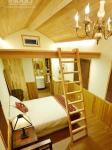 鹿谷的住宿－溪頭紅瓣天民宿，一间卧室配有带梯子的双层床